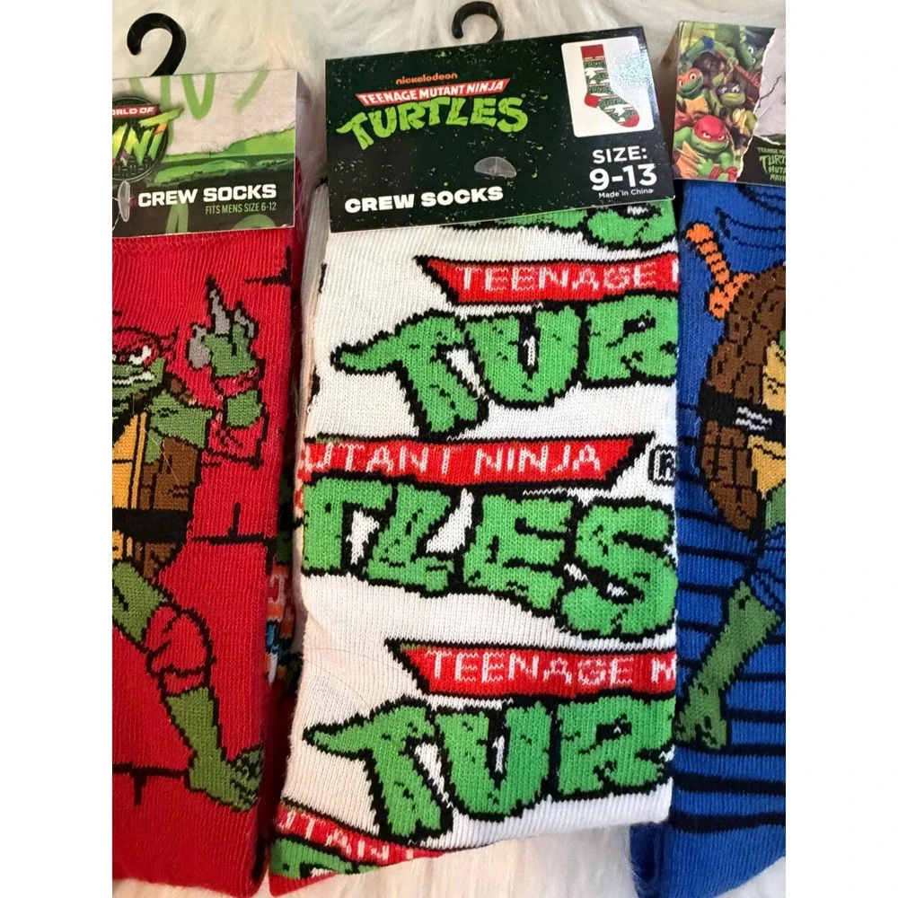 Teenage Mutant Ninja Turtles Crew Socks 3 Pair Bundle Raphael Leonardo TMNT Logo